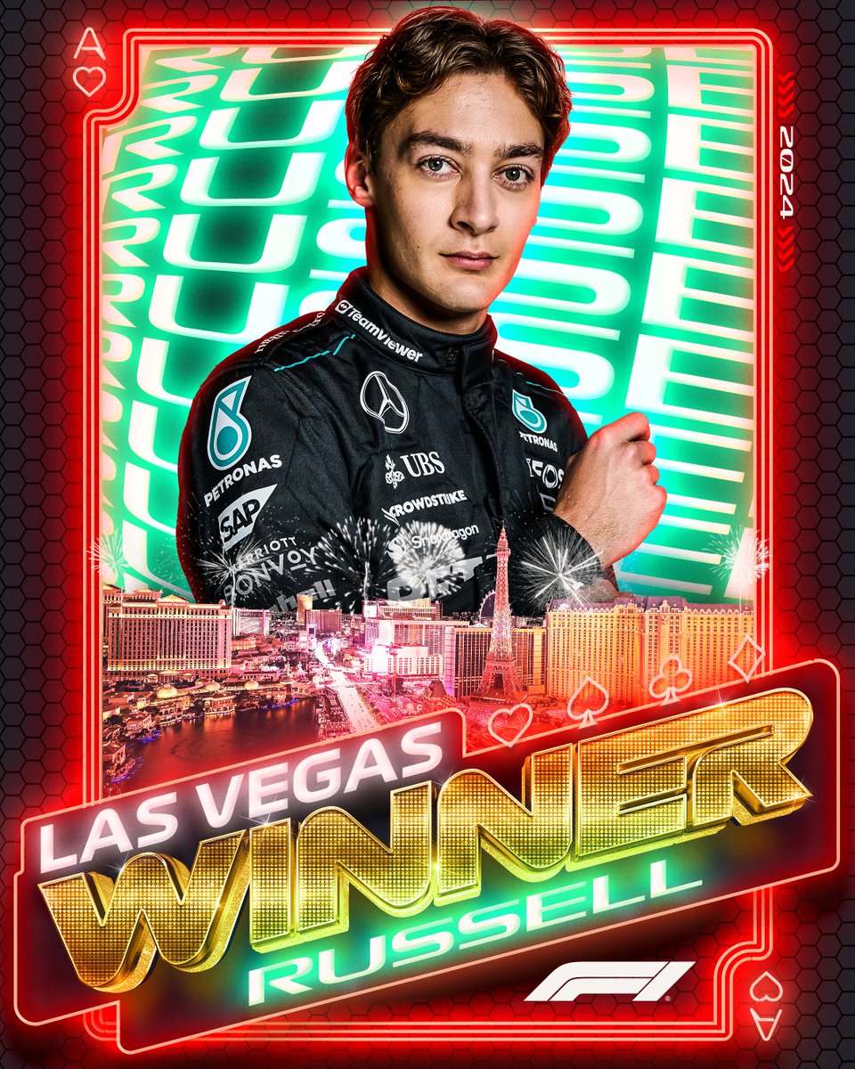 F1's tweet image. GEORGE RUSSELL WINS IN VEGAS!!! 🤩

Lewis Hamilton comes home second to make it a Mercedes 1-2 👏👏 

#F1 #LasVegasGP
