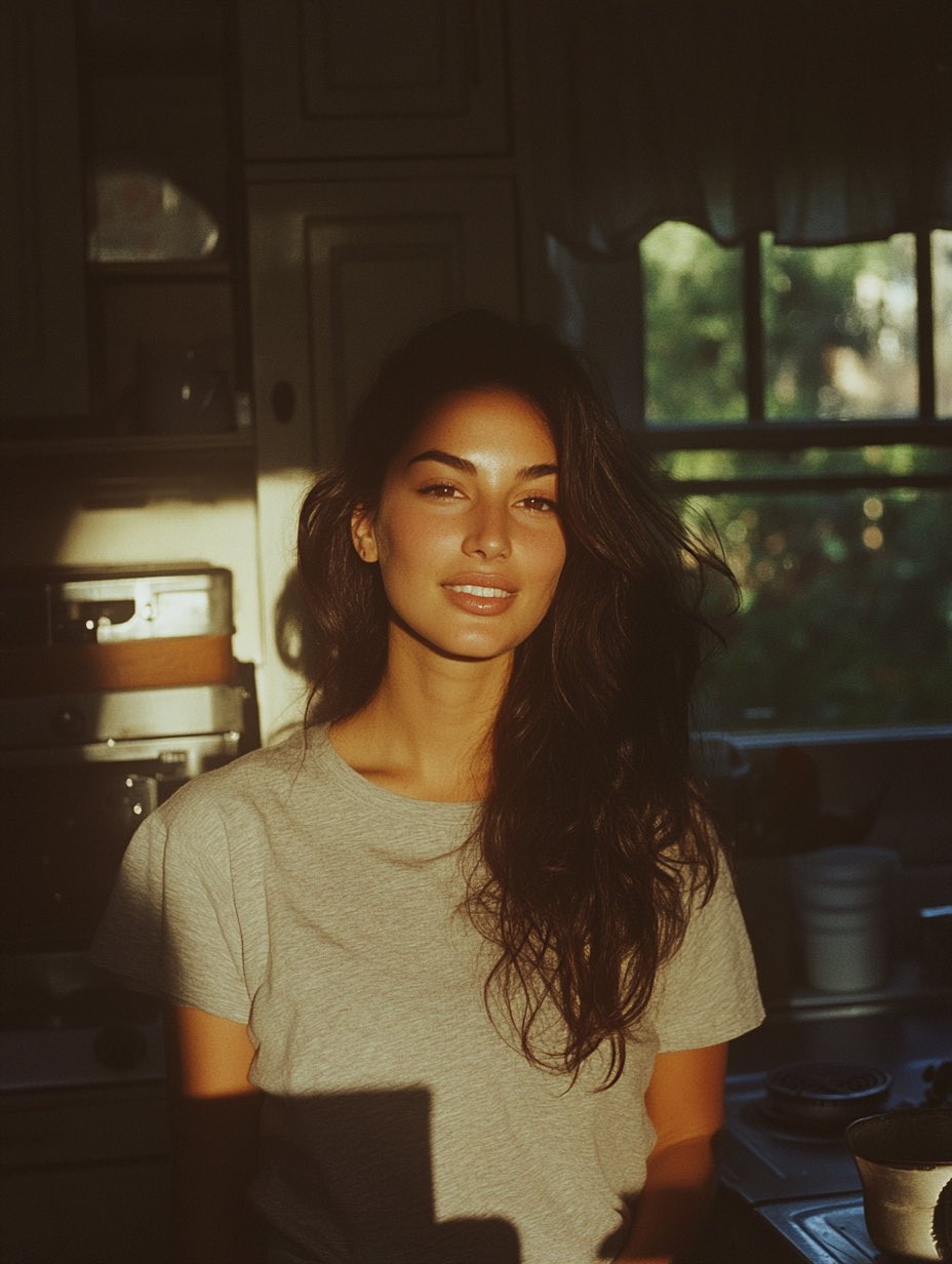 AI generated image: This is a photograph of a young woman with long, wavy brown hair, posing in a rustic kitchen. She ha