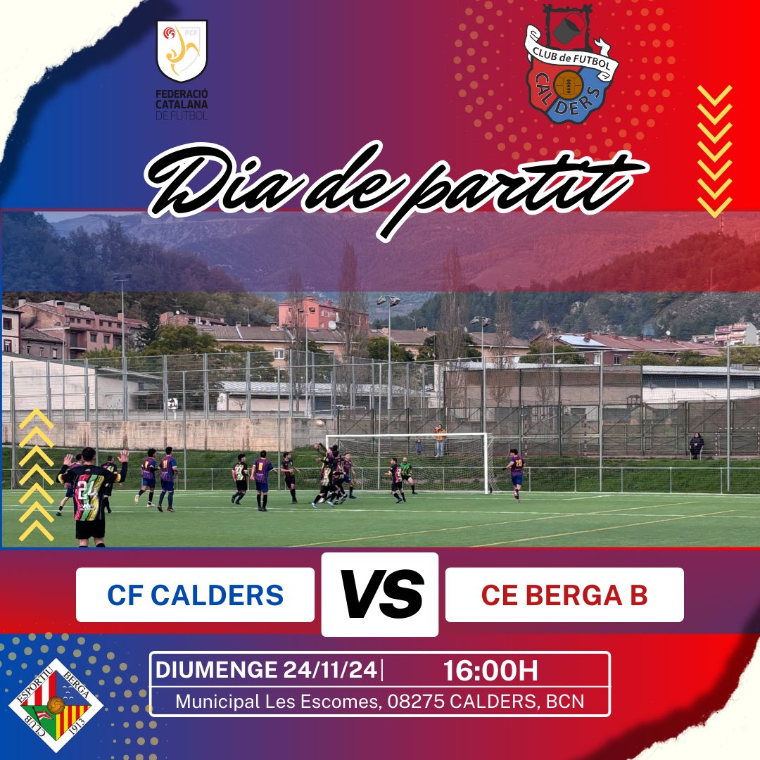⚽️SÈNIOR⚽️

🔵SERÀ AQUESTA SETMANA?🔴 

⚽️* <a href="/cfcalders/">CF Calders</a> vs <a href="/ceberga1913/">Club Esportiu Berga</a> B*
🏆 4 Cat - Grup 15
🔢 Jornada 10
🗓️ 24/11/24
⏰ 16:00h
🏟️ Municipal Les Escomes
📍 Calders

🗣️Que no us ho expliquin🗣️

#somdelesescomes #sangblaugrana #orgullcalderí  #quevibrinlesescomes #mesqueunclub🔵🔴