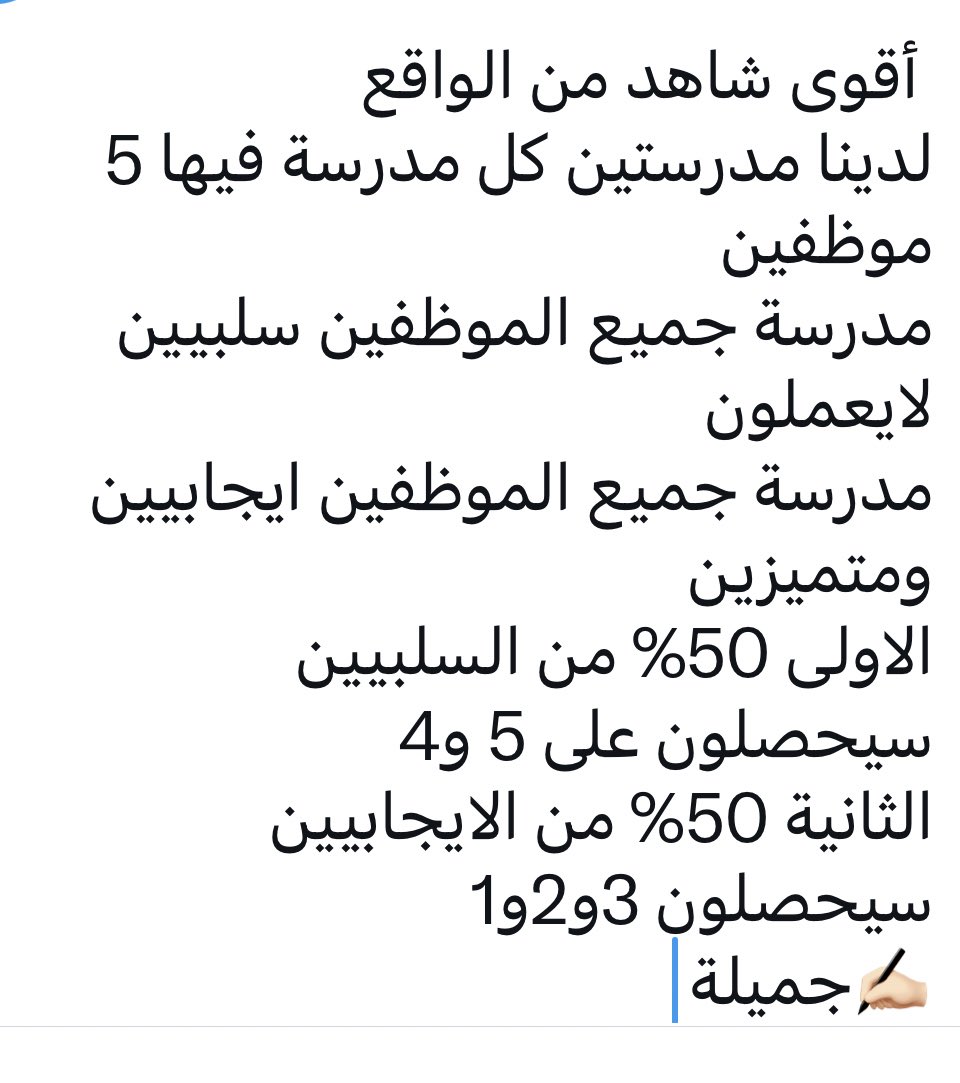 j1meilah's tweet photo. #ظلم_الكادر_الإداري_بالتصنيف_الإجباري_في_الأداء

نحن مع التفاوت في الاداء بناء على الانجاز ومن يعمل يختلف عن من لايعمل 

ولكن لا يكون إجباري وتنصنف الدرجات بهذا الشكل على مستوى كل مؤسسة أو كل مدرسة وكلنا أمل في  إعادة النظر في الأداء لهذا العام قبل اعتماده . https://t.co/444DS03O5I