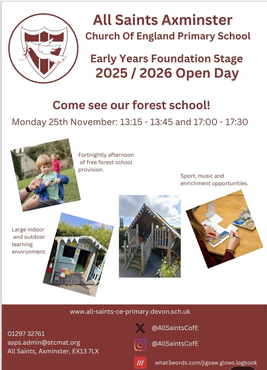 AllSaintsCofE's tweet image. Come and visit our fantastic Forest School and early years provision on Monday 25th November #Axminster #EastDevon #Reception #EYFS