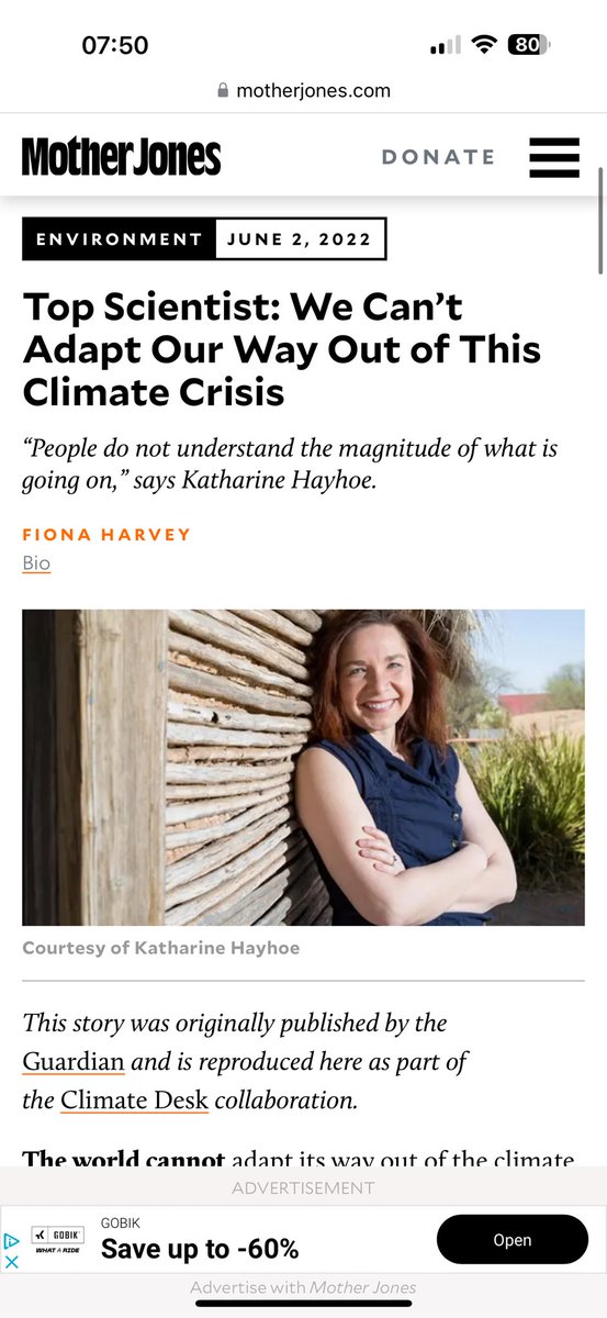 One of the things that scares me most about climate change is that people believe the establishment won’t let it become catastrophic. But the establishment are gambling on not stopping emissions and just adapting. Whereas scientists say that’s not possible motherjones.com/environment/20…