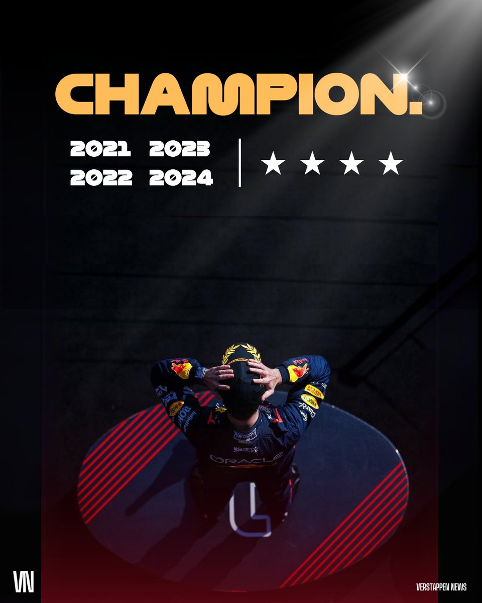 JB_RBPaddockF1's tweet photo. Max Verstappen you are a 4 time #worldchampion 🏆🏆🏆🏆

So happy for you @Max33Verstappen @redbullracing 
Man you had to work for this one but there was never any doubt that you would go into this weekend on a mission!
Still Number 1!

#2024season #pdk1 #F1 #LasVegasGP #race22 #vegasstrip #maxverstappen #redbullracing #f1worldchampion #4timechampion
