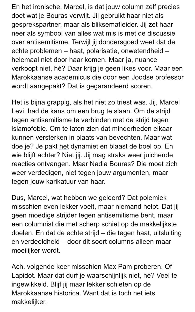 Abbie Chalgoum (@abbie1979) on Twitter photo Marcel Levi kiest ervoor om <a href="/NadiaBouras/">Nadia Bouras - نادية بوراس ⵏⴰⴷⵢⴰ ⴱⵓⵔⴰⵙ 🍉</a>, de enige Marokkaan in het debat, publiekelijk af te branden terwijl anderen zoals Max Pam en Elad Lapidot hetzelfde zeggen. Waarom? Stemmingmakerij. Polemiek helpt niemand. Lees mijn betoog: Marcel Levi kiest ervoor om <a href="/NadiaBouras/">Nadia Bouras - نادية بوراس ⵏⴰⴷⵢⴰ ⴱⵓⵔⴰⵙ 🍉</a>, de enige Marokkaan in het debat, publiekelijk af te branden terwijl anderen zoals Max Pam en Elad Lapidot hetzelfde zeggen. Waarom? Stemmingmakerij. Polemiek helpt niemand. Lees mijn betoog: