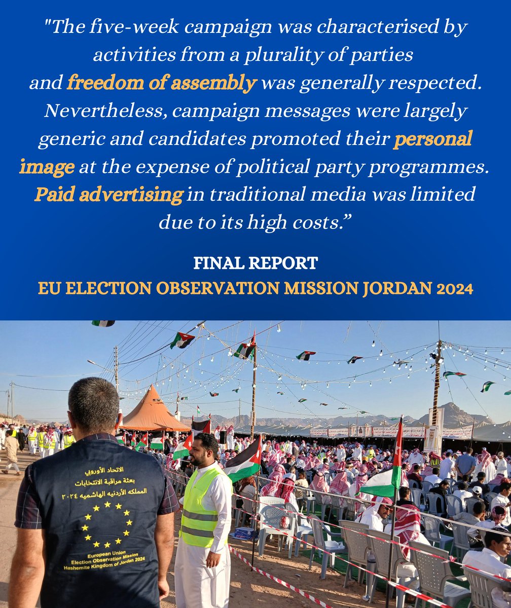 EUeomJordan2024's tweet photo. EU EOM observers followed 121 political rallies and gatherings during the election campaign.

Check our findings here:
Final Report of the EU Election Observation Mission to #Jordan 2024 | EEAS https://t.co/7xTN9Vf1r2 https://t.co/OicxdwLHtV