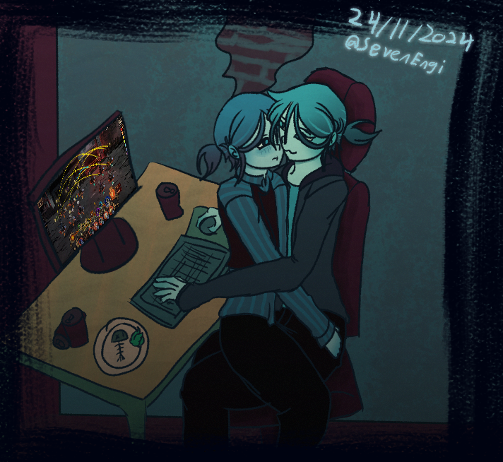 SevenEngi's tweet photo. sorry other me but #1 rule of video game high school
"It's all about the game"

#Thiu #BetterHalf #thiubetterhalf #Nemlei #fanart #BetterHalfGame #nemleigames #art https://t.co/dYWJfFiozd