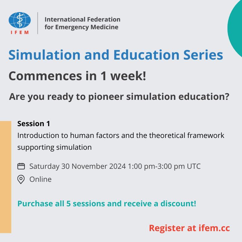 ifem_org's tweet image. Our Simulation Series starts in one week!

This five-session program offers 10 hours of in-depth training, covering the full spectrum of simulation in emergency medicine. Join us for all sessions or choose those most relevant to your goals:

Register: buff.ly/3YJRQk9