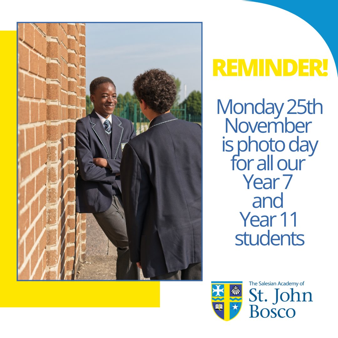SalesianAcademy's tweet image. 📷📣REMINDER!

Tomorrow, Monday 25th November, is photo day for all our Year 7 and Year 11 students.

 #SchoolPhotography #Reminder #SASJB
