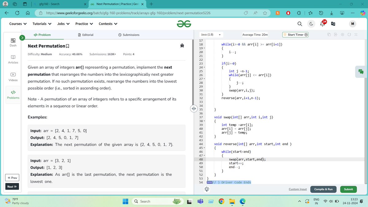 MOHAMMEDAKR99's tweet image. Day5 #gfg160 Challenge.
✨ Problem: Next Permutation ✨Unlocking the next level of permutation: Rearranging elements to the next lexicographical order or sorting to the lowest possible permutation.
@geeksforgeeks
#optimizedcode
#geekstreak2024
#gfg160
#gfg