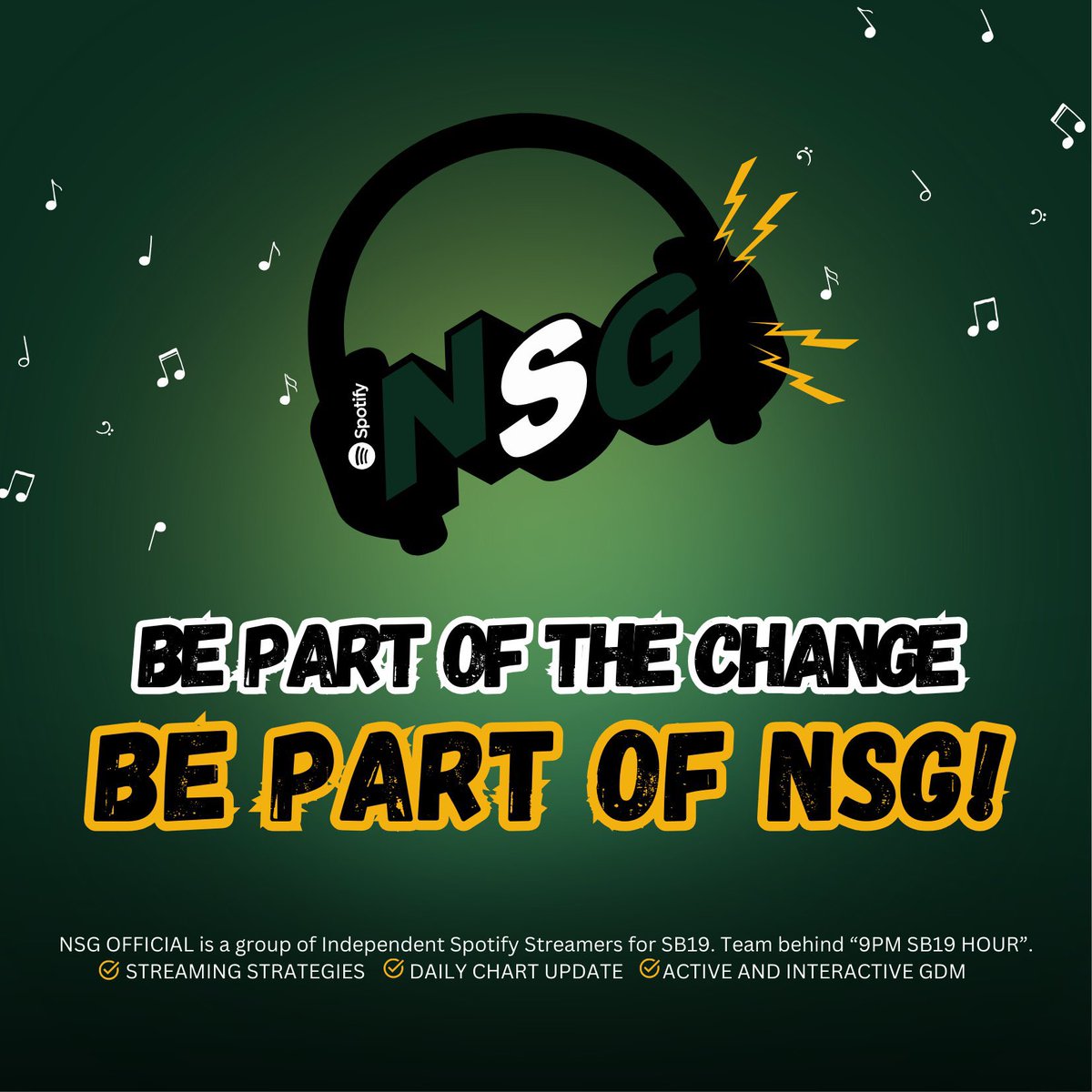 Hello A’tin,
We are NSG, an independent spotify streaming team for SB19 GROUP ONLY and the team behind ‘9 PM SB19 HOUR’.

WE NEED MORE DEDICATED STREAMERS for SAW. 

Ilaban natin ang SB19. 
Itaas natin ang streams. 

<a href="/SB19Official/">SB19 Official</a> #SB19