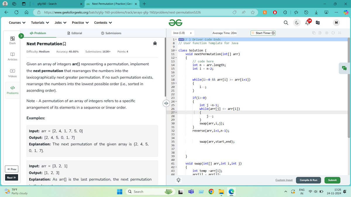 MOHAMMEDAKR99's tweet image. Day5 #gfg160 Challenge.
✨ Problem: Next Permutation ✨Unlocking the next level of permutation: Rearranging elements to the next lexicographical order or sorting to the lowest possible permutation.
@geeksforgeeks
#optimizedcode
#geekstreak2024
#gfg160
#gfg