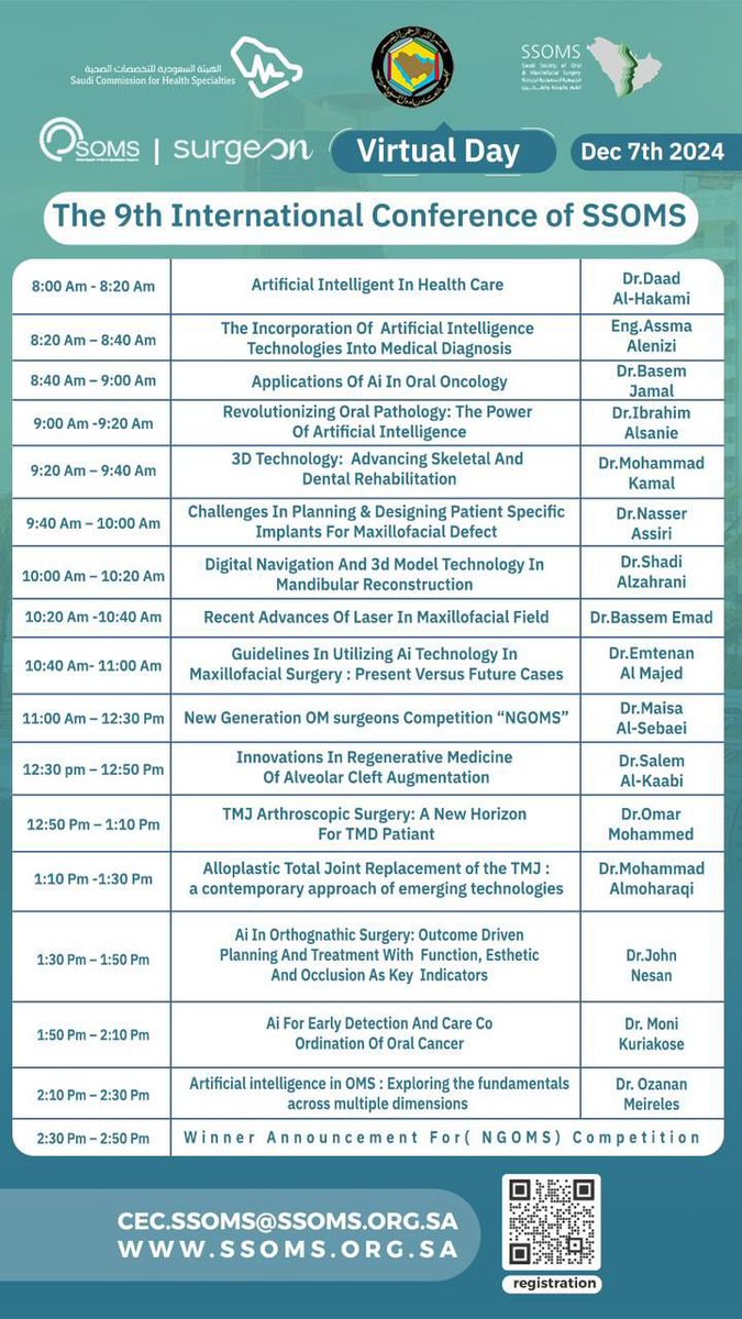 DentalSaudi's tweet photo. المؤتمر السنوي التاسع للجمعية السعودية لجراحة الفم والوجه والفكين 
The "9th Annual International Conference of the Saudi Society of Oral and Maxillofacial Surgery” 📣

🗓️ 6-7 December 2024
📍Jeddah

Registration:
https://t.co/VS1QvNQo0p

يوجد خصم 30% على ورش العمل للمجموعات 📣 https://t.co/pqWJ8hJdYN