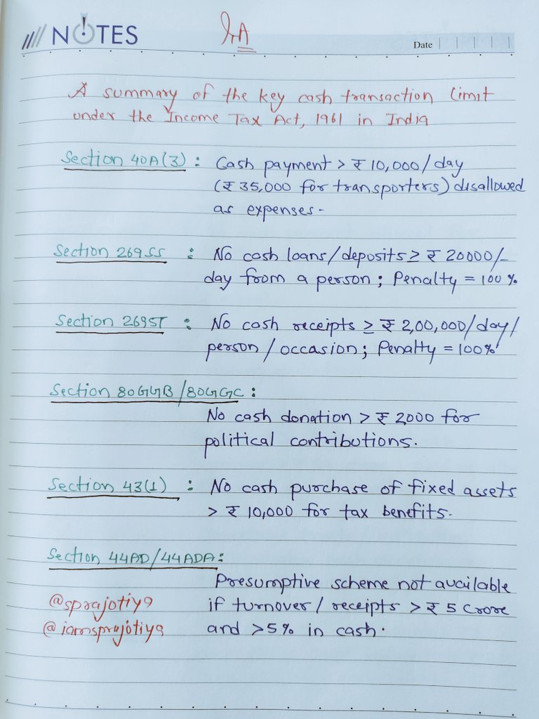 sprajotiya's tweet photo. A summary of the key cash transaction limit under the Income Tax Act, 1961 in India. https://t.co/8SsxPh2uxY