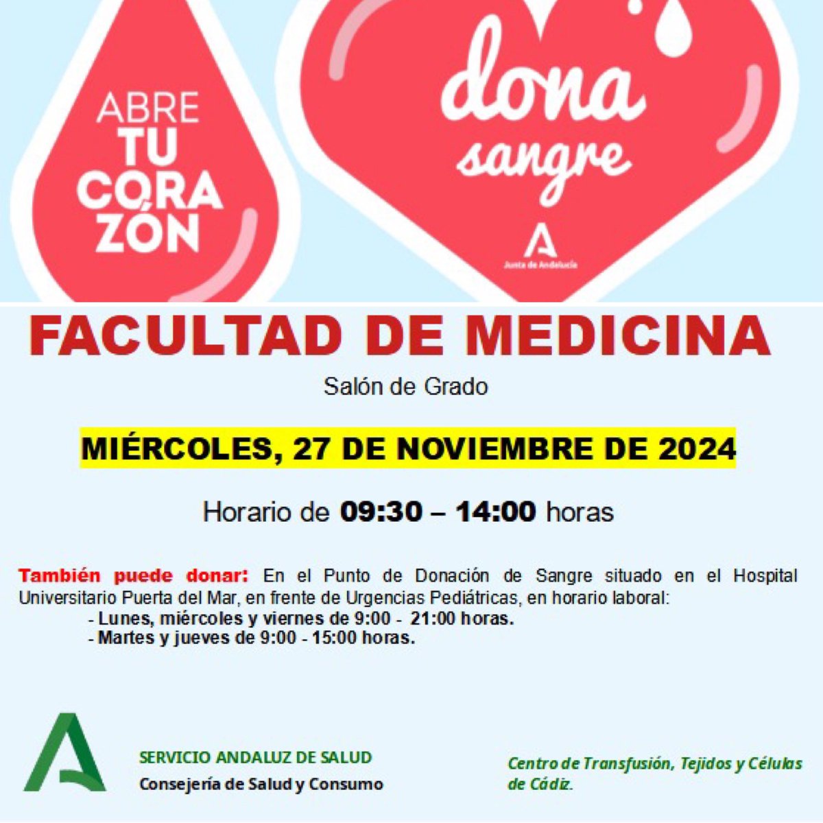 UCA SALUDABLE (@ucasaludable) on Twitter photo 🩸Miércoles 27NOV en <a href="/medicinauca/">Facultad de Medicina</a>
🩸DONA SANGRE en tu <a href="/univcadiz/">Universidad de Cádiz</a>
Anímate, con CADA donación de sangre ayudarás a TRES pacientes 3️⃣👌
🙏 COMPARTE
ℹ️ Preguntas frecuentes: tiny.cc/sas
ℹ️ Donar en la provincia de Cádiz: tiny.cc/Donaydavida
#donar #vida #UCA 🩸Miércoles 27NOV en <a href="/medicinauca/">Facultad de Medicina</a>
🩸DONA SANGRE en tu <a href="/univcadiz/">Universidad de Cádiz</a>
Anímate, con CADA donación de sangre ayudarás a TRES pacientes 3️⃣👌
🙏 COMPARTE
ℹ️ Preguntas frecuentes: tiny.cc/sas
ℹ️ Donar en la provincia de Cádiz: tiny.cc/Donaydavida
#donar #vida #UCA