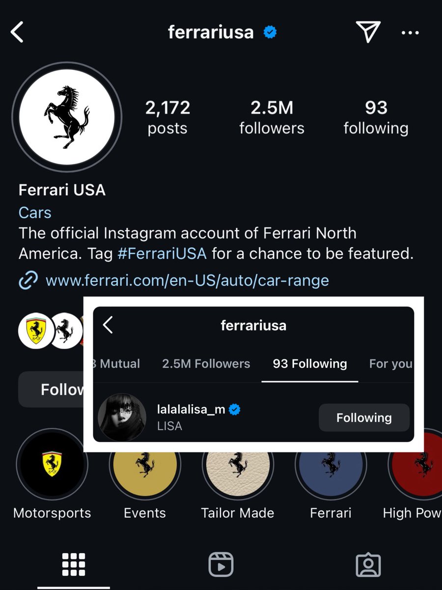 SOLARSHIIII's tweet photo. [IG] Official Account ของ Ferrari USA ได้ติดตาม #LISA แล้ว

อมกกกกกก กลิ่นแรงมากพี่ขา

LISA X FORMULA1  
#LISAatF1LasVegasGP https://t.co/rituMGQvQg