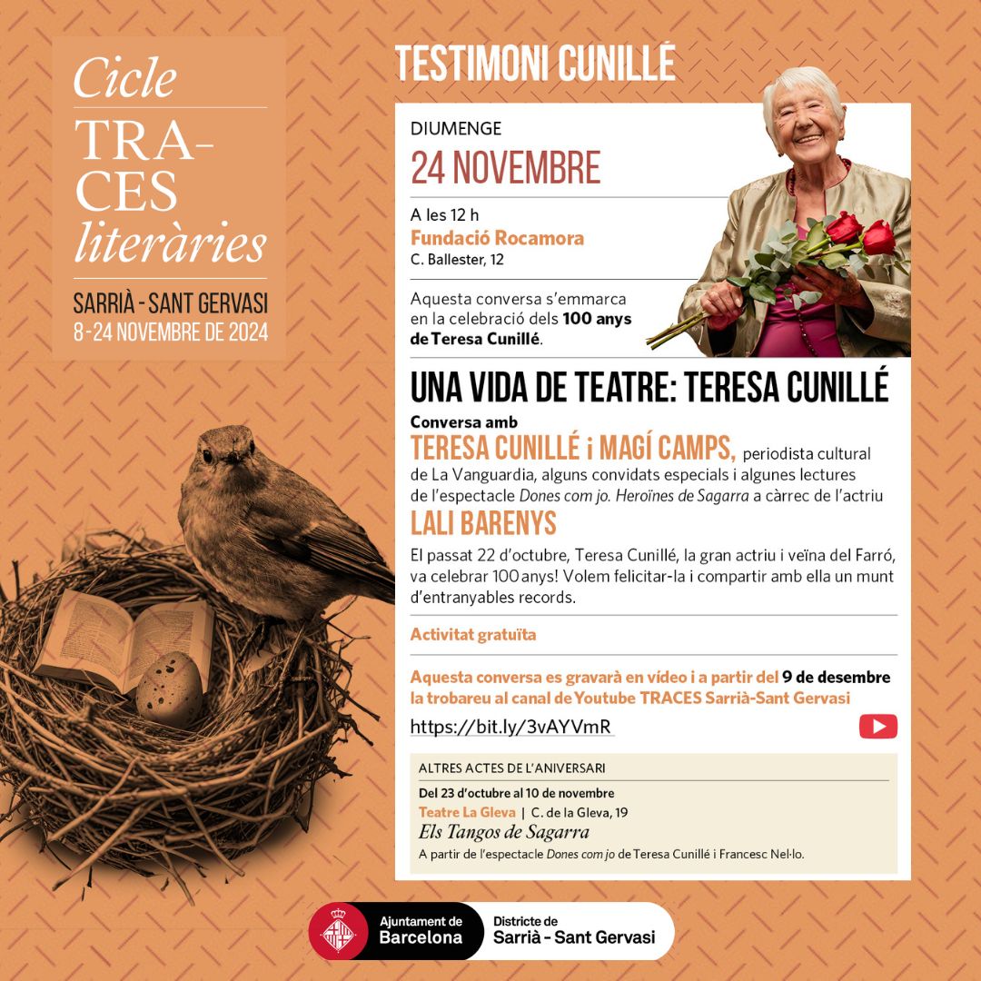 ✨ TESTIMONI CUNILLÉ
Homenatge a la gran actriu Teresa Cunillé en el seu 💯 aniversari.
Conversa amb Magí Camps i comptarem amb altres convidats especials i les lectures de l'actriu Lali Barenys.
<a href="/Bcn_SSTG/">Sarrià - Sant Gervasi</a> #Traces_SSGT #TracesLiteràries <a href="/TaleiaCultura/">Taleia Cultura</a>