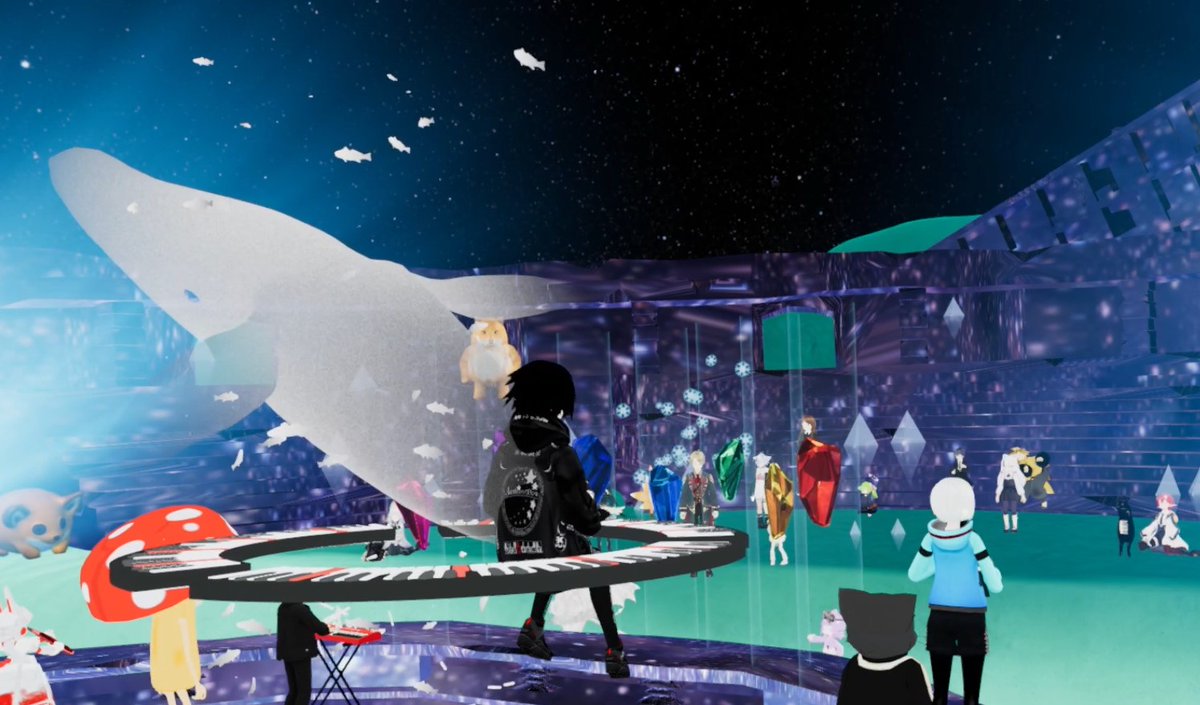 #題名のないお茶会 開催200回エンディング大成功～！
インスタンスみんなで音を奏でた素晴らしいひと時となりました！🎹💎✨
SYNCROOMでご参加の皆さん、アバターボイスでご参加の皆さん、VR楽器でご参加の皆さん、誠にありがとうございました！
温かな取組みと繋がりが末永く続きますよう！#あ茶会