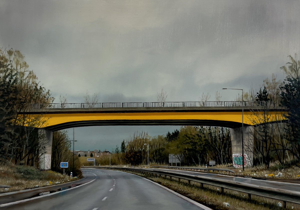 The Yellow One
Oil on cradled Panel
20x30cm

The day is as grey and gloomy as this scene. Thank goodness for glorious golden yellow. 🩶💛
Currently in my solo show <a href="/uniongallery/">UNION Gallery</a> - London

#painting #art #artist #detail #MotorwayArt #northern #bridge #manchester <a href="/GrimArtGroup/">Grim Art</a>