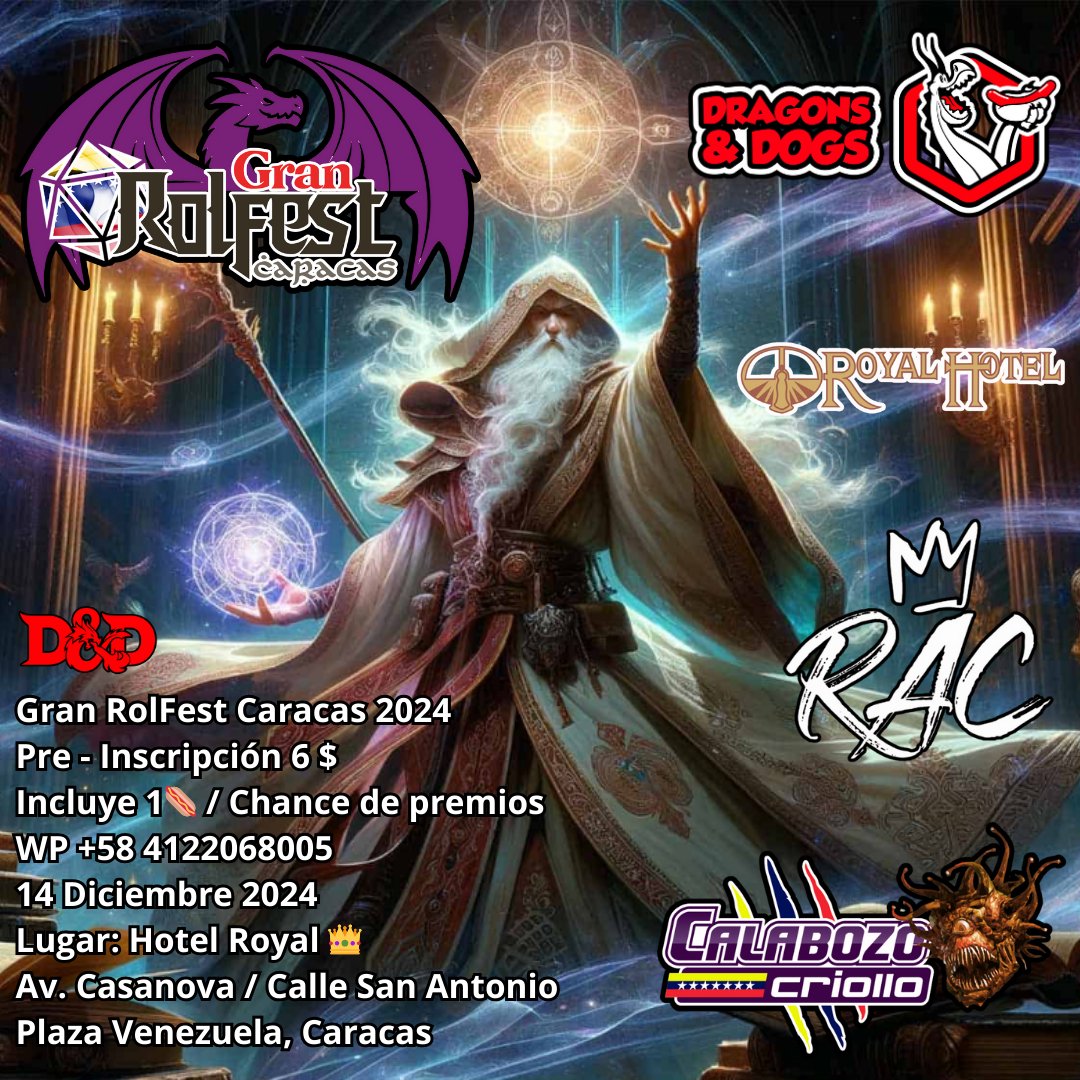 CalabozoCriollo's tweet image. Se requieren aventureros para el Gran RolFest Caracas 2024 14 de Diciembre Caracas Venezuela, un hotel reservado enteramente para llevar tus aventuras a un máximo nivel! Calabozo Criollo y el #WEDOPLAY
Para mas preguntas chat.whatsapp.com/DdaveYLkGf8AtR…
o el FB 
facebook.com/events/1128743…