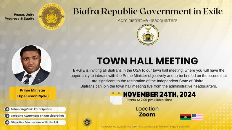 USBGovernment's tweet photo. BIAFRA REPUBLIC GOVERNMENT  is inviting you to a scheduled Zoom meeting.

Topic: USA Town Hall meeting with H-E SIMON EKPA Biafra Prime Minister 
Time: Nov 24, 2024 07:00 PM Biafra Time 

Join Zoom Meeting
https://t.co/CfRdUHUrBe

Meeting ID: 917 957 5984
Passcode: 687484

---

One tap mobile
+13092053325,,9179575984# US
+13126266799,,9179575984# US (Chicago)

---

Dial by your location
• +1 309 205 3325 US
• +1 312 626 6799 US (Chicago)
• +1 646 931 3860 US
• +1 929 205 6099 US (New York)
• +1 301 715 8592 US (Washington DC)
• +1 305 224 1968 US
• +1 386 347 5053 US
• +1 507 473 4847 US
• +1 564 217 2000 US
• +1 669 444 9171 US
• +1 669 900 6833 US (San Jose)
• +1 689 278 1000 US
• +1 719 359 4580 US
• +1 253 205 0468 US
• +1 253 215 8782 US (Tacoma)
• +1 346 248 7799 US (Houston)
• +1 360 209 5623 US

Meeting ID: 917 957 5984