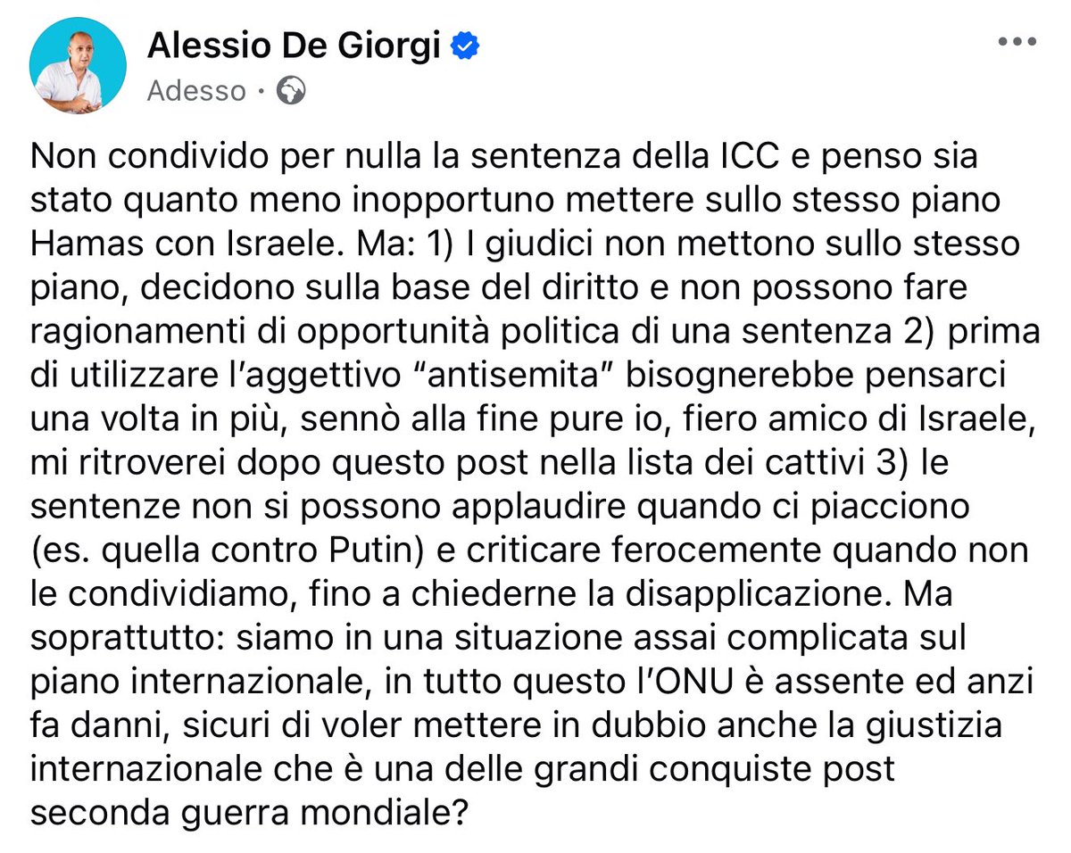 Non condivido per nulla la sentenza della ICC e penso sia quanto meno inopportuno mettere sullo stesso piano Hamas con Israele. Ma…