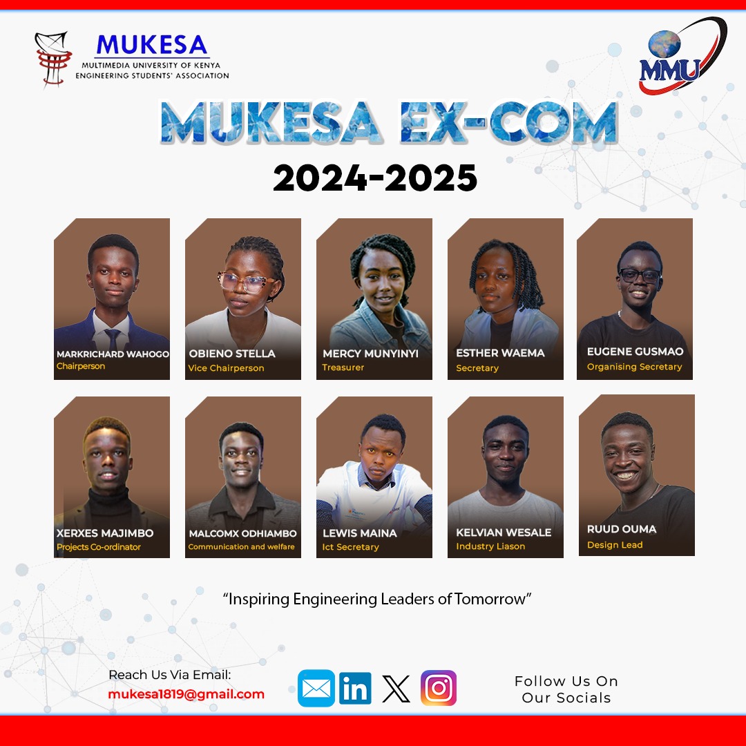 MMU-Engineering Students Association (@mukesa_mmu) on Twitter photo Introducing the dynamic 2024-2025 Executive Committee of MUKESA! 🎉 Ready to serve, lead, and inspire. Let's make this year remarkable together! 🚀
Meet the team:
<a href="/wahogo_richard/">MarkRichard Wahogo</a> <a href="/XMajimbo/">Eng Majimbo</a>
<a href="/obieno_stella/">Stella Obieno</a> <a href="/Gusmao_Eugene/">Eugene Gusmao</a> @_Maldive_
#MUKESALeadership #Vision2024 Introducing the dynamic 2024-2025 Executive Committee of MUKESA! 🎉 Ready to serve, lead, and inspire. Let's make this year remarkable together! 🚀
Meet the team:
<a href="/wahogo_richard/">MarkRichard Wahogo</a> <a href="/XMajimbo/">Eng Majimbo</a>
<a href="/obieno_stella/">Stella Obieno</a> <a href="/Gusmao_Eugene/">Eugene Gusmao</a> @_Maldive_
#MUKESALeadership #Vision2024