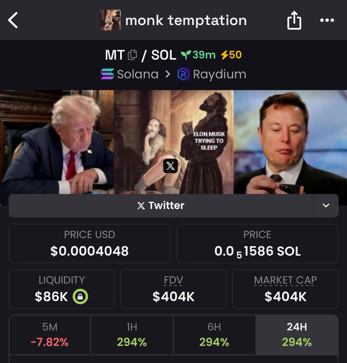 cryptotrez's tweet image. after @elonmusk tweet raid fest, i aped ~12 sol in $MT

i think it&apos;s elon&apos;s fav meme and i also think it&apos;s pretty undervalued at 400k mc

would keep aping at any dips i see and see where this takes me

dexscreener: dexscreener.com/solana/AcoweXk…