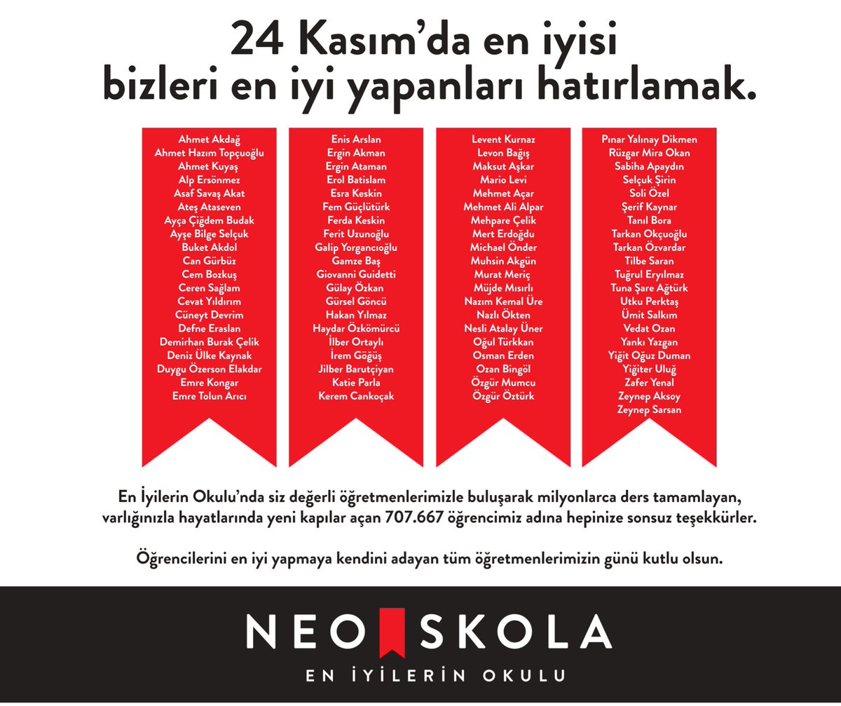 24 Kasım Öğretmenler Günü kutlu olsun!

Öğretmenler Günü'ne özel En İyilerin Okulu'nda %20 indirimi kaçırma, bugün son gün!

neoskola.com/abonelik-paket…