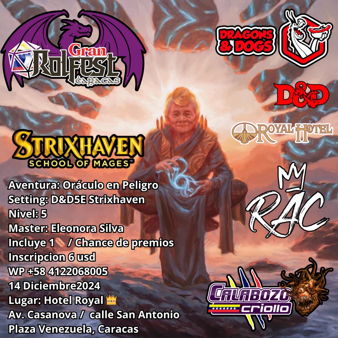 CalabozoCriollo's tweet image. Tendremos #STRIXHAVEN el divertido mundo harrypoteresco de magic en #dnd5e  por la master @Nonora 

el Gran RolFest Caracas 2024 14 de Diciembre Caracas Venezuela,  hotel Royal, Plaza Venezuela.
preguntas chat.whatsapp.com/DdaveYLkGf8AtR…
o Facebook Jynx
facebook.com/events/1128743…