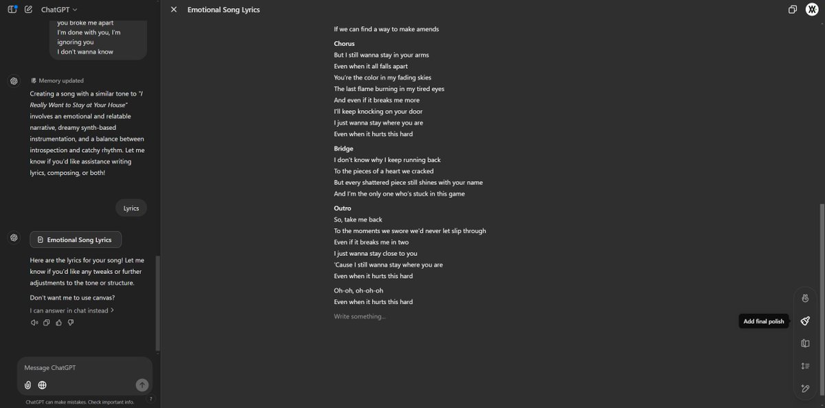 alby13's tweet image. Working with ChatGPT on song lyrics with this new #Canvas interface

New Options:
Add Emojis
Add Final Polish
Reading Level
Adjust Length
Suggest Edits

Highlighting text brings up a #ChatGPTCanvas Menu