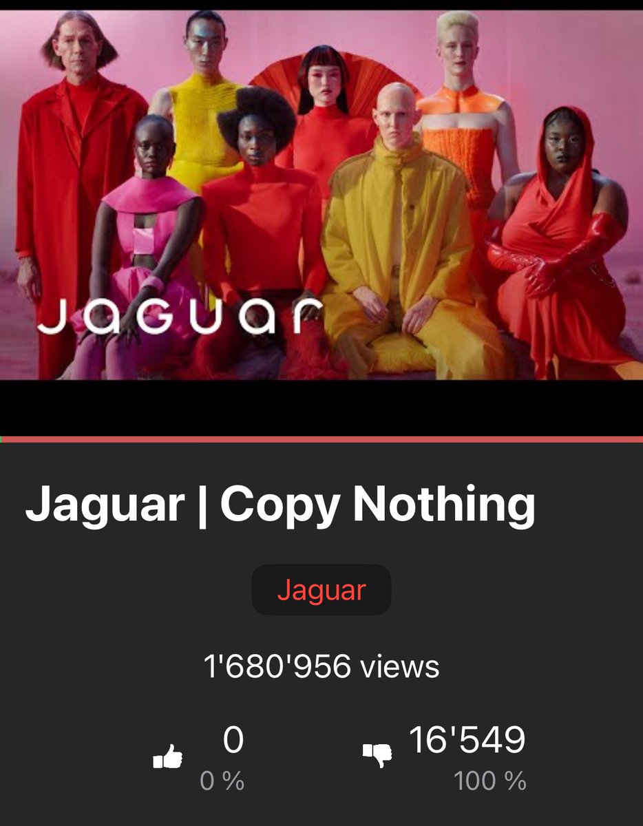 Jaguar should fire all marketing executives without notice and without a severance package for this internal sabotage. This is how you destroy a legend. Check the likes: to dislikes ratio 🤡 <a href="/Jaguar/">Jaguar</a>