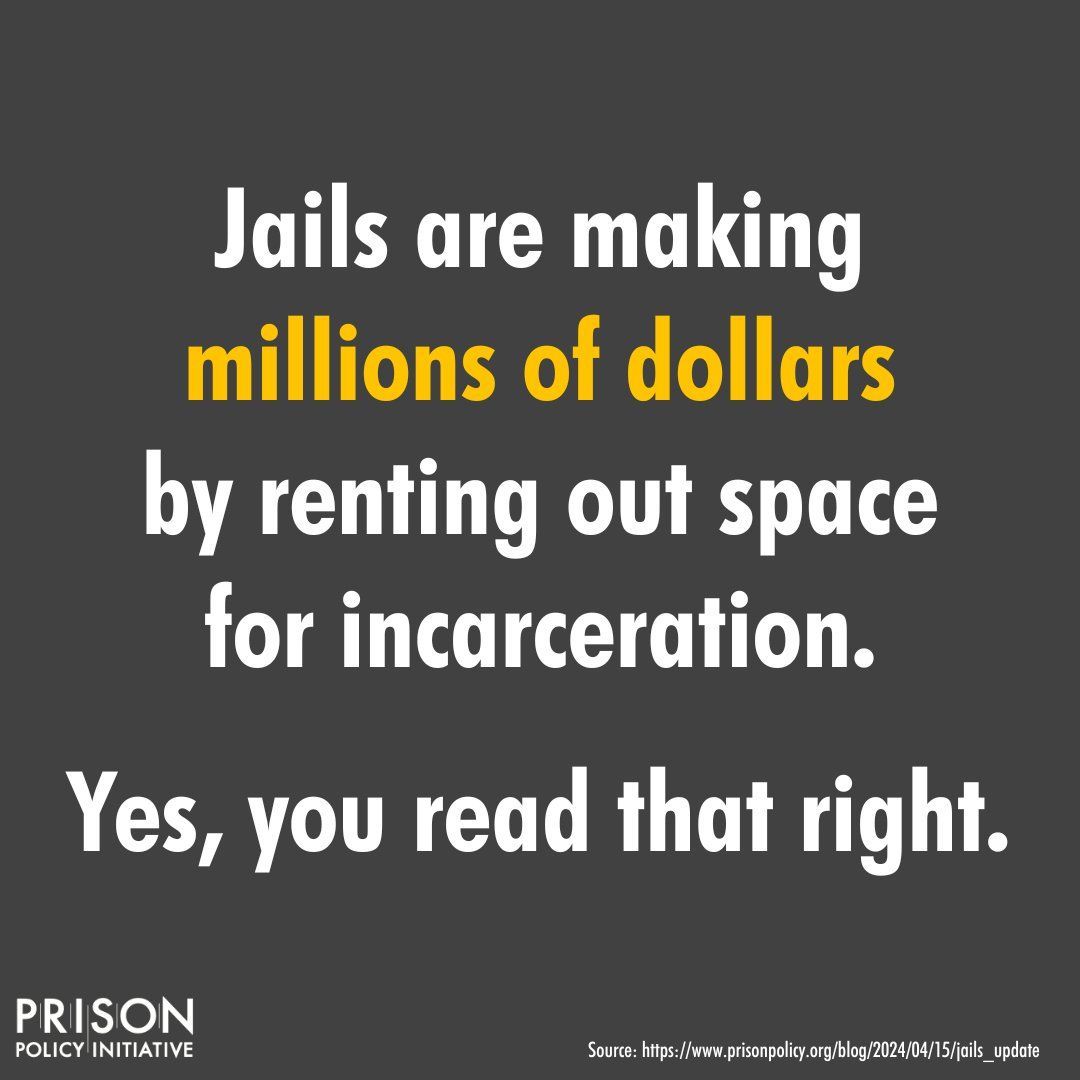 PrisonPolicy's tweet photo. Jails have a perverse incentive to keep people locked up: the millions of dollars state agencies pay them for boarding people serving sentences.

State and federal agencies pay local jails a per-day fee for each person held on their behalf, and these fees can rack up quickly. https://t.co/NBspXChsZ9