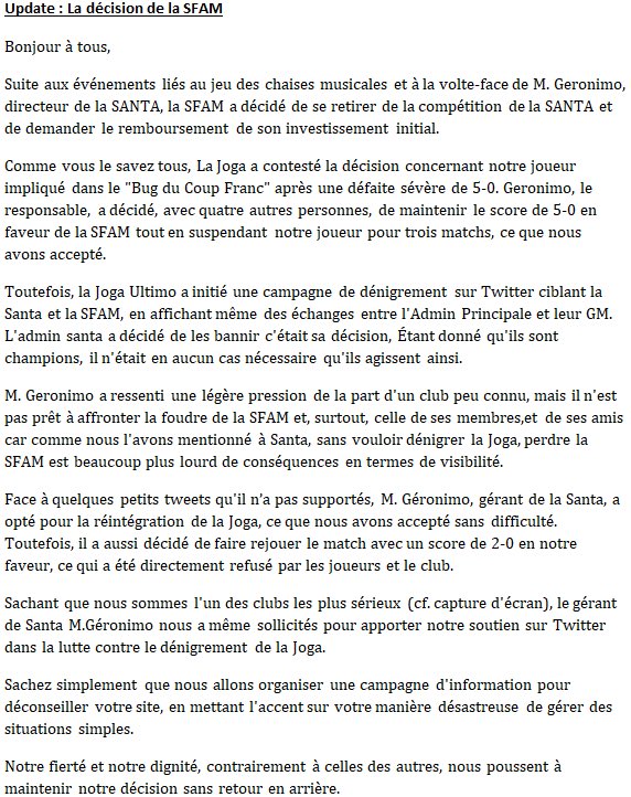 ClubPro…… (@clubpro111) on Twitter photo ⚠️ Annonce SFAM eFoot concernant la <a href="/TheDream_SMG/">Santa Major Games</a> et son président M.Geronimo
@Couskoo93 <a href="/INino_x/">ISino_</a> <a href="/xVitinha8x/">xVitinha-8x</a> <a href="/SfamEsport/">Sfam Esport</a> <a href="/xRenato_7x/">Renato 🔱</a> <a href="/SkunkFlFA/">SK SEVEN 🇵🇸</a> <a href="/Daffy93__/">DaffyFIFA__</a> <a href="/fivestarplayerz/">✨Hemziouille De La Ziouille✨2️⃣0️⃣0️⃣0️⃣🇩🇿🇫🇷</a> <a href="/IIAmBuII/">II AmBu II</a> <a href="/ImL_Dreezy/">Dreezy</a> <a href="/BennaFifa/">Benna</a> <a href="/xbrounch/">Brouncha</a> <a href="/zNxylLR_/">NxylLR_</a> ⚠️ Annonce SFAM eFoot concernant la <a href="/TheDream_SMG/">Santa Major Games</a> et son président M.Geronimo
@Couskoo93 <a href="/INino_x/">ISino_</a> <a href="/xVitinha8x/">xVitinha-8x</a> <a href="/SfamEsport/">Sfam Esport</a> <a href="/xRenato_7x/">Renato 🔱</a> <a href="/SkunkFlFA/">SK SEVEN 🇵🇸</a> <a href="/Daffy93__/">DaffyFIFA__</a> <a href="/fivestarplayerz/">✨Hemziouille De La Ziouille✨2️⃣0️⃣0️⃣0️⃣🇩🇿🇫🇷</a> <a href="/IIAmBuII/">II AmBu II</a> <a href="/ImL_Dreezy/">Dreezy</a> <a href="/BennaFifa/">Benna</a> <a href="/xbrounch/">Brouncha</a> <a href="/zNxylLR_/">NxylLR_</a>