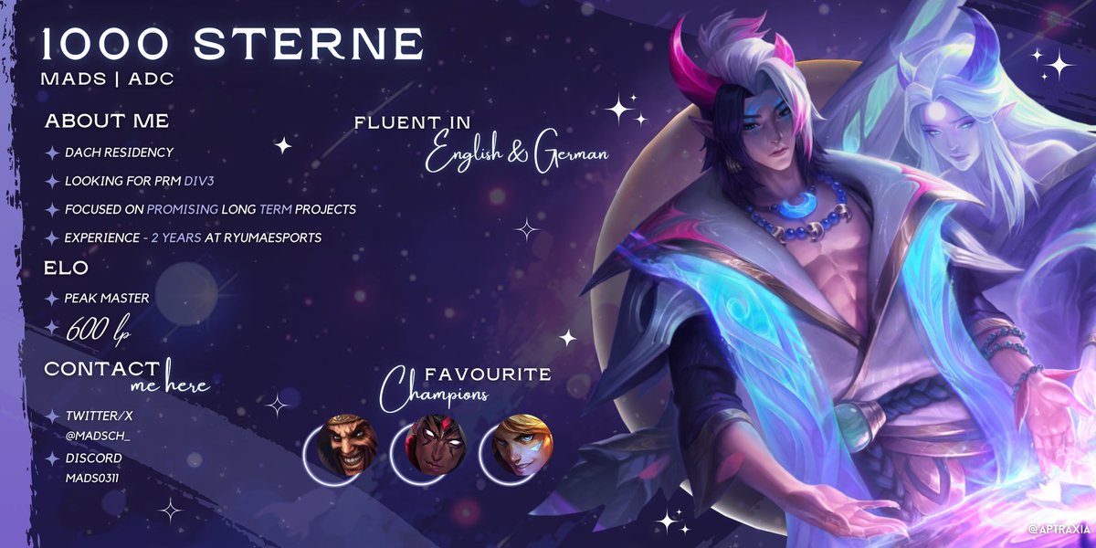 Mads / 1000 Sterne ✩₊˚.⋆☾⋆⁺₊✧ (@madsch1337) on Twitter photo Hej!
After almost 2 full years <a href="/ryumaesports/">RYUMA ESPORTS</a>, i am looking for a new home in 2025.
Mainly looking for PRM Div 3 and promising long term projects.
I am extremely motivated to finally prove myself and am willing to invest every second I have available.
Full VODs of my POV of Hej!
After almost 2 full years <a href="/ryumaesports/">RYUMA ESPORTS</a>, i am looking for a new home in 2025.
Mainly looking for PRM Div 3 and promising long term projects.
I am extremely motivated to finally prove myself and am willing to invest every second I have available.
Full VODs of my POV of