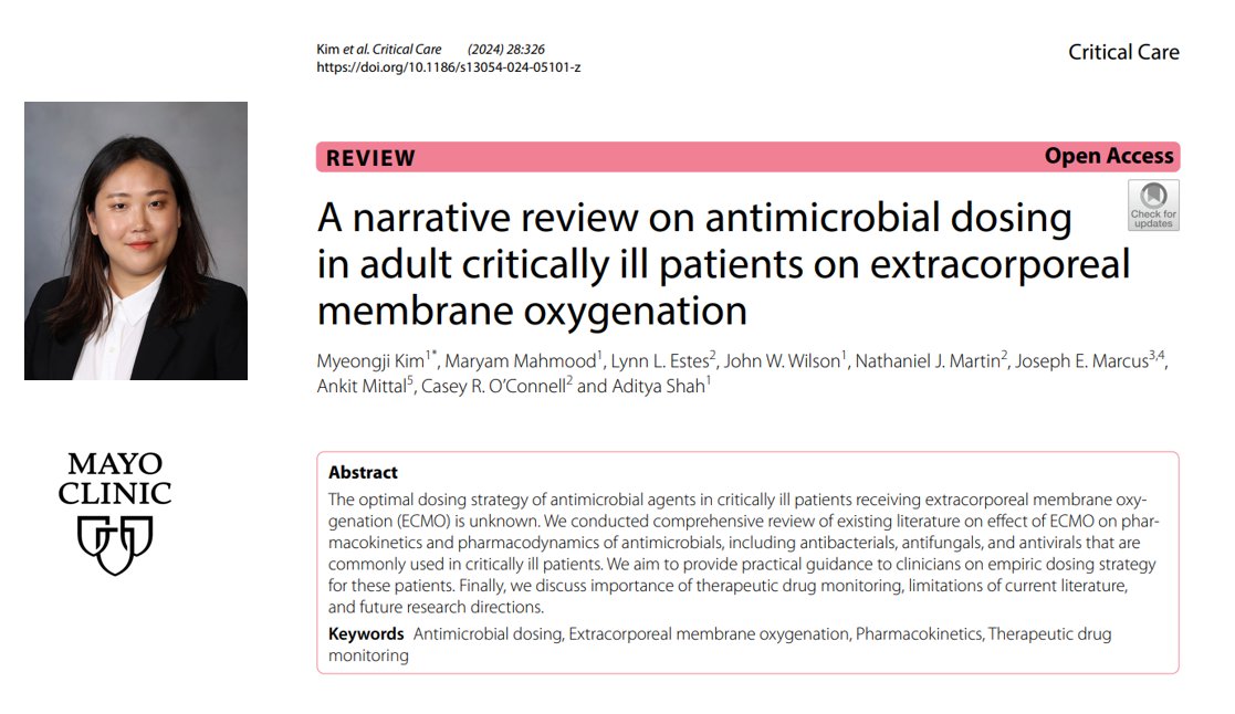 #ScholarlySunday features Dr. MJ Kim and her work on antimicrobial dosing in adults on ECMO. Congratulations MJ and to your collaborators and mentorship team!  @IDDocAdi