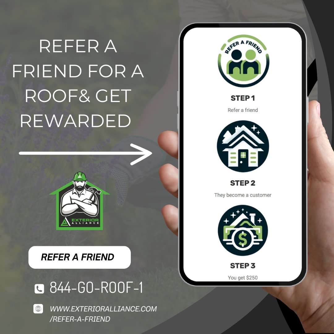 ExteriorAliance's tweet photo. ✨ Refer a Friend and Get Rewarded! ✨
Got a friend in need of a new roof? 🏠
✅ Step 1: Refer a friend
✅ Step 2: They become a customer
✅ Step 3: You get $250! 💵

Start earning rewards today! Call 844-GO-ROOF-1 or visit https://t.co/btnvWdRNT2 to learn more. 🎉 https://t.co/OKDJcVuRX4