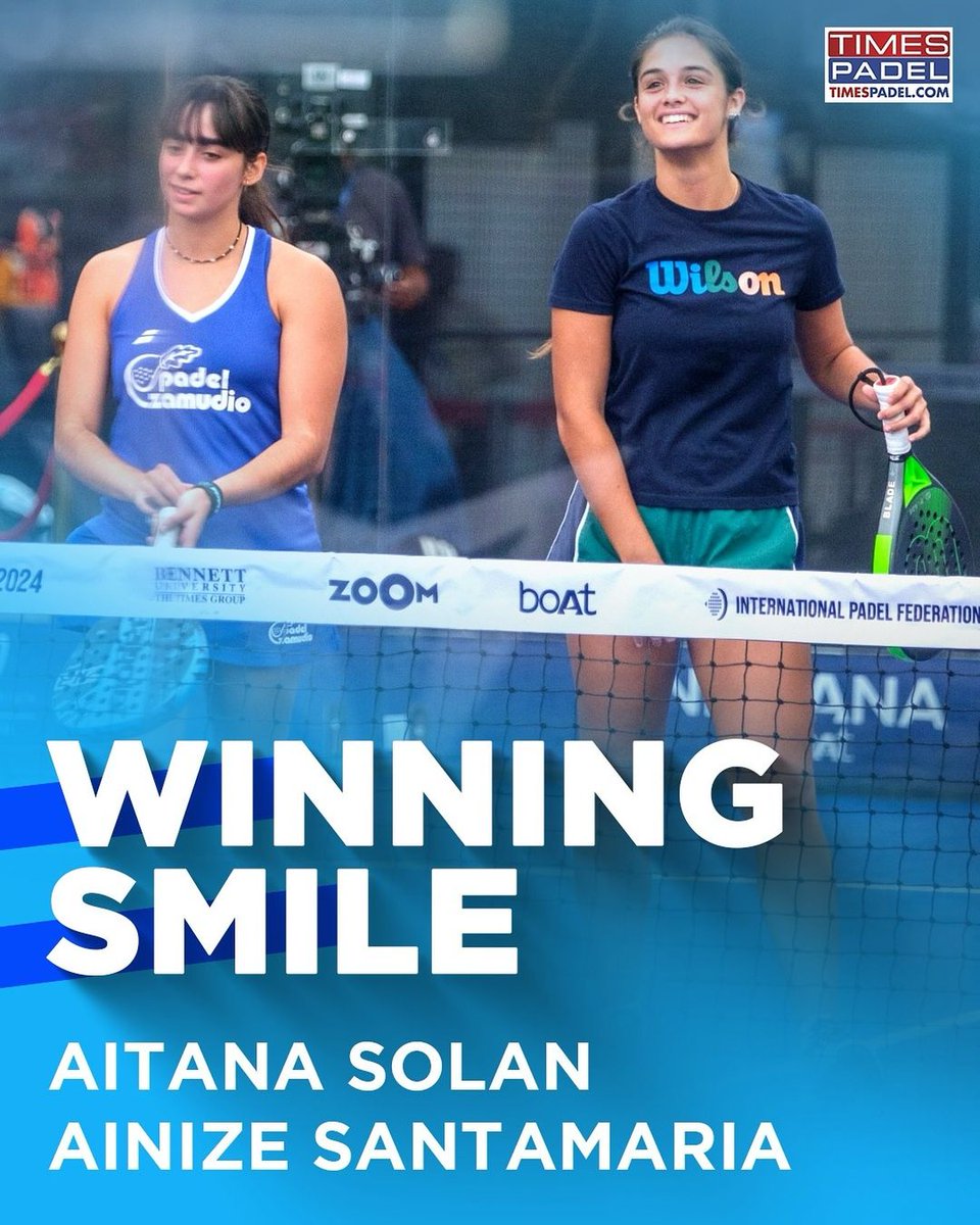 TimesNow's tweet image. The million-dollar winning smile 

Aitana Solan and Ainize Santamaria won the Women’s Final at FIR PROMOTION INDIA PADEL OPEN at Bennett University.

Don't miss the thrilling tournament at Bennett University from November 21 to 24! 

#Padel #PadelTime #WorldPadelTour