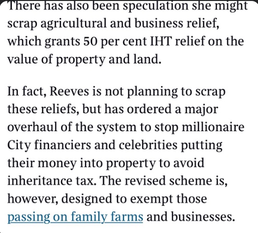 Allie Renison (@allierenison) on Twitter photo Various proposals circulating including by <a href="/DanNeidle/">Dan Neidle</a> today about how inheritance tax changes cd be refined so that genuine family farmers/businesses aren’t hit
Worth reminding per this piece from <a href="/ShippersUnbound/">Tim Shipman</a> there were reportedly compromises being looked at before Budget Various proposals circulating including by <a href="/DanNeidle/">Dan Neidle</a> today about how inheritance tax changes cd be refined so that genuine family farmers/businesses aren’t hit
Worth reminding per this piece from <a href="/ShippersUnbound/">Tim Shipman</a> there were reportedly compromises being looked at before Budget