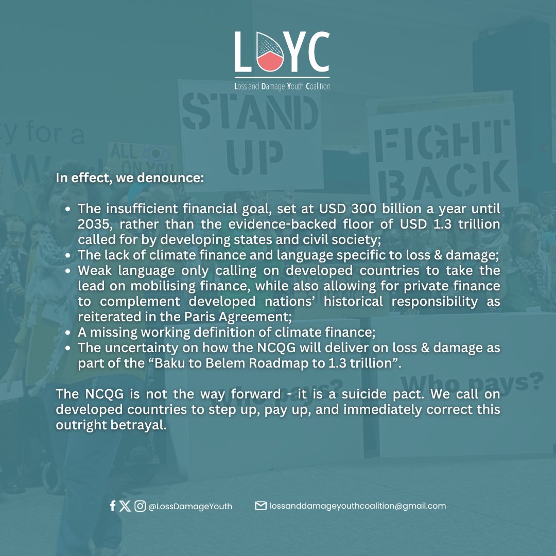 🚨 Finance COP Has Failed to Deliver Enough Climate Finance for Loss and Damage

We denounce COP29’s failure to deliver ambition, equity, &amp; justice.

Global North: Step up. Pay up. This betrayal cannot stand.

#LossAndDamageFinanceNow! 
#COP29Azerbaijan