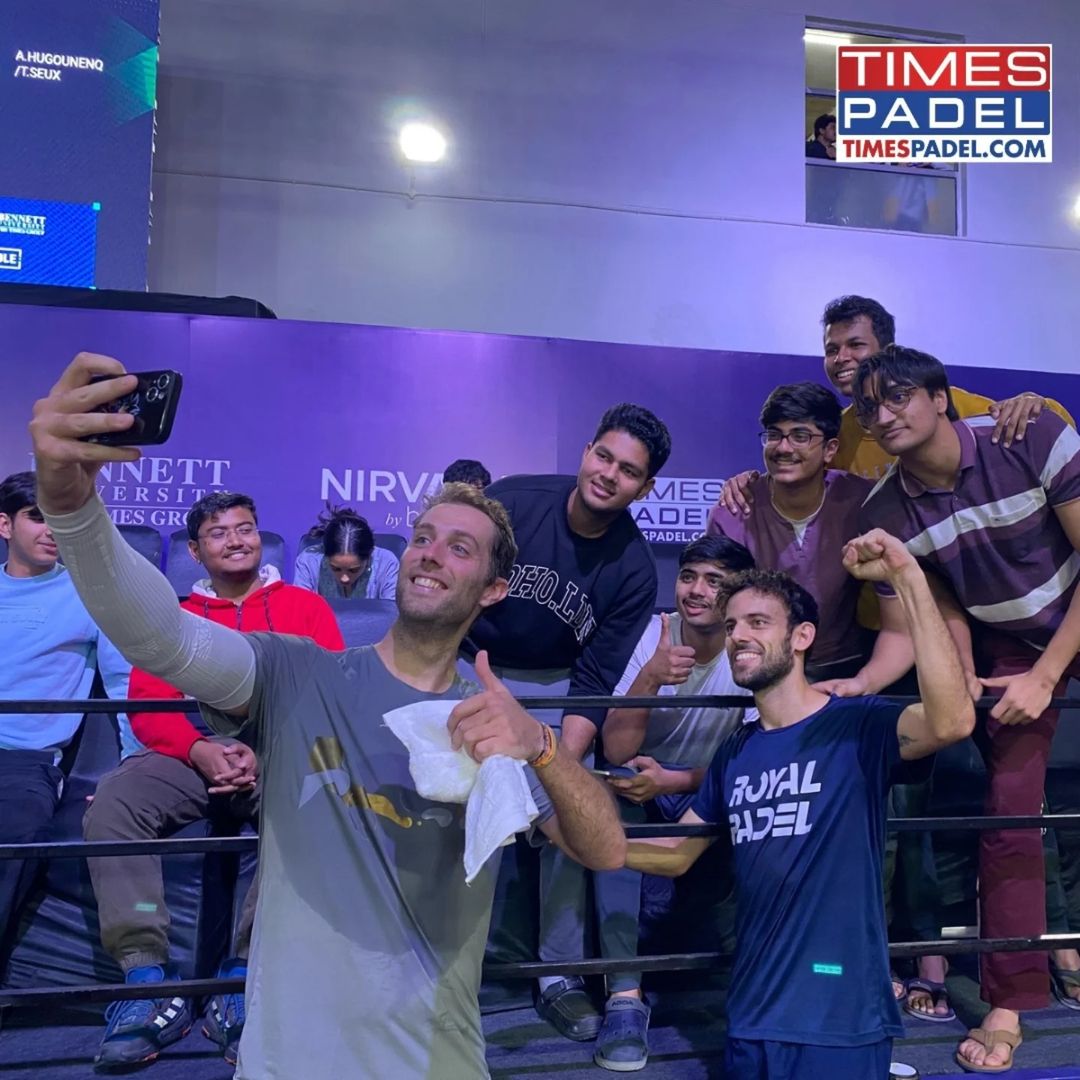 TimesNow's tweet image. Men’s final champs Pol Alsina &amp;amp; Edu Altimires Ros (Spain) make memories with Bennett University students after their thrilling win 

📍Location: Bennett University, Greater Noida

#Padel #PadelTime #WorldPadelTour #PadelTournament