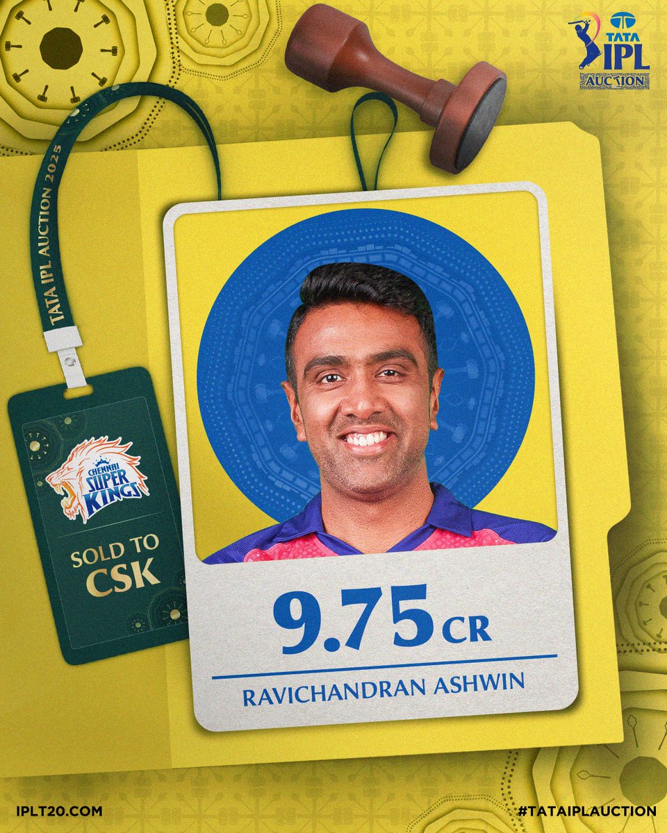 IPL's tweet photo. 𝘼𝙨𝙝𝙬𝙞𝙣 𝙞𝙨 𝙗𝙖𝙘𝙠 𝙬𝙝𝙚𝙧𝙚 𝙞𝙩 𝙖𝙡𝙡 𝙨𝙩𝙖𝙧𝙩𝙚𝙙 𝙞𝙣 𝙝𝙞𝙨 #𝙄𝙋𝙇 𝙟𝙤𝙪𝙧𝙣𝙚𝙮!💛

R Ashwin joins #CSK for INR 9.75 Crore 👏 👏

#TATAIPLAuction | #TATAIPL | @ashwinravi99 | @ChennaiIPL https://t.co/TxQASgJMqf