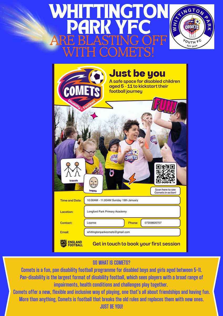 Whittington Park YFC are blasting off with Comets ☄️ 
We are based in Longford, Gloucester.
Comets is a pan disability programme for boys and girls aged between 5-11.

Can you help me spread the word 🗣️ give it a like and share! 

<a href="/GlosFA/">Gloucestershire FA ⚽</a> <a href="/GlosLiveOnline/">Gloucestershire Live</a> <a href="/BBCGlos/">BBC Gloucestershire</a>