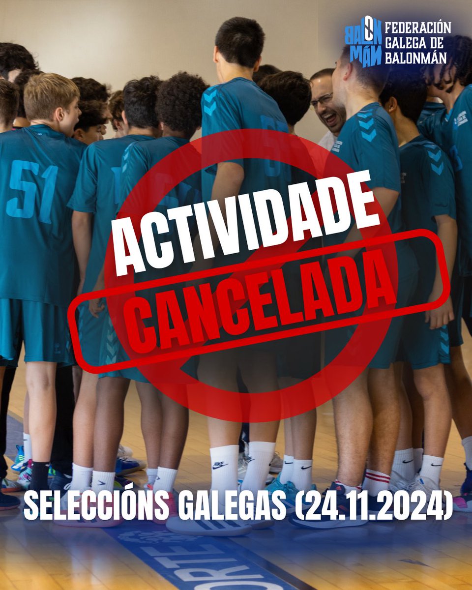 ⚠️ Atención ‼️ 

As actividades das Seleccións Galegas previstas para o día de hoxe, quedan canceladas por mor da alerta laranxa emitida esta mañá dende a Dirección Xeral de Emerxencias e Interior. Dende a Federación Galega de Balonmán pedimos que se extremen as precaucións e que