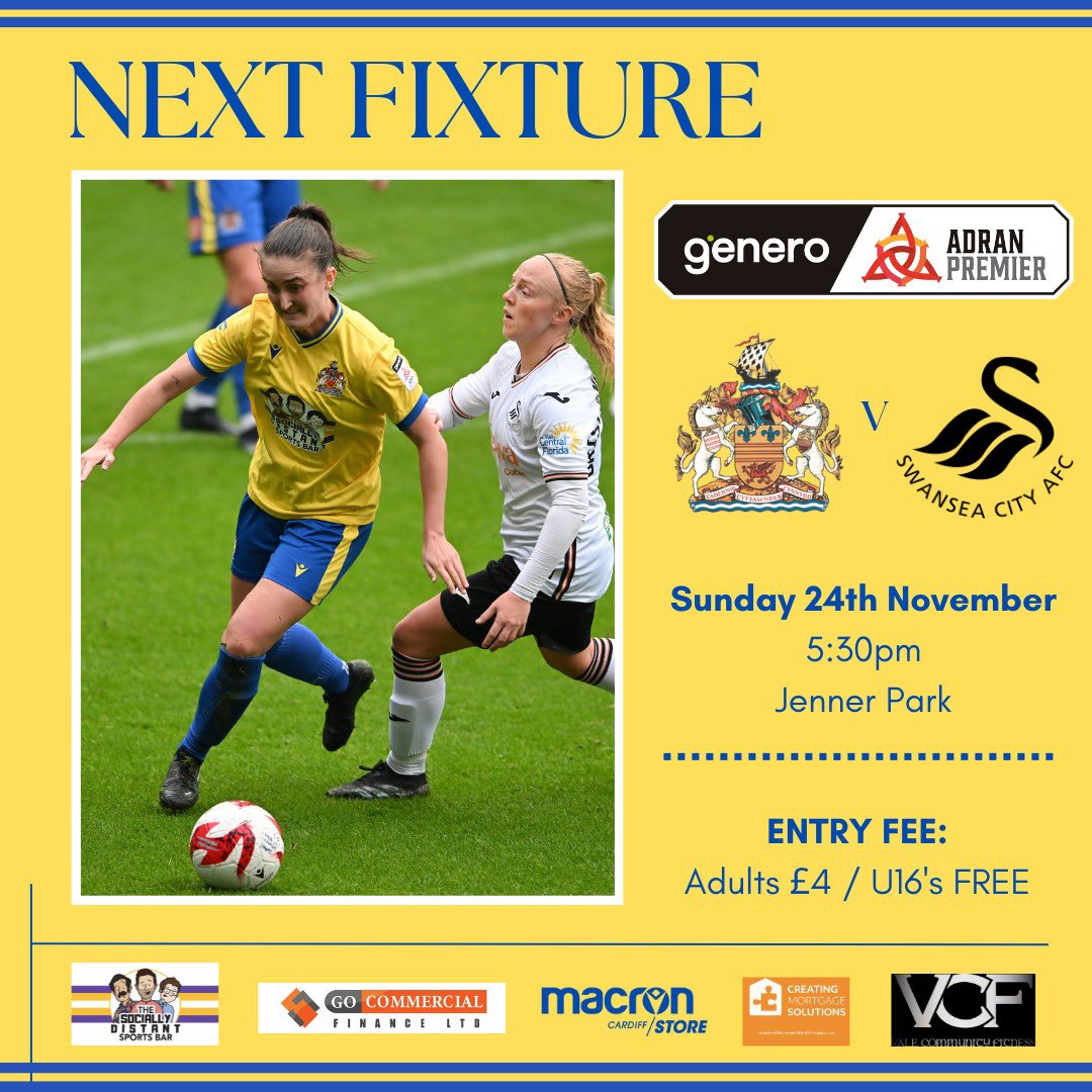 Missing your football? Your match postponed? Need your fix?

Get down to Jenner Park and support our women TODAY at 5:30pm against Swansea City!

Adults £4
U16s FREE

Cash only today, due to an issue with the card reader.

C’mon girls! Up the Town!! 🟡🔵