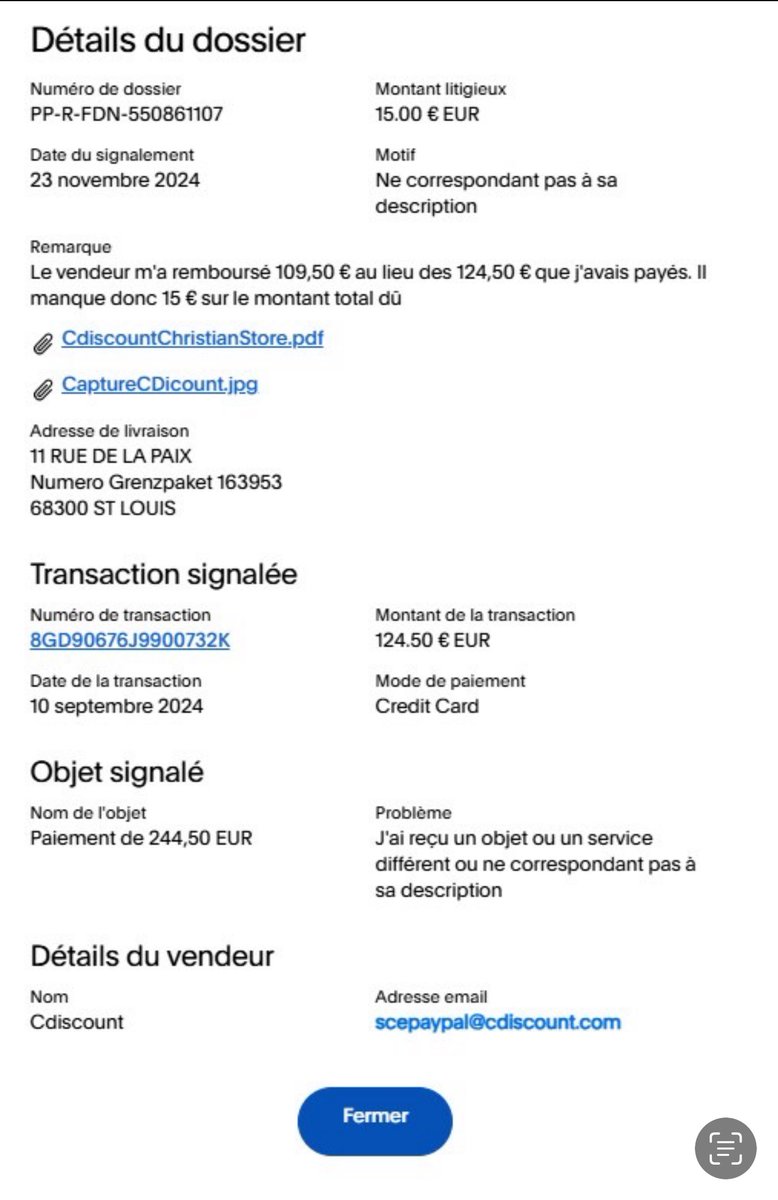 IvanFaustinelli's tweet photo. Commande n° 2409100942O01GJ : Bonjour, après avoir acheté une contrefaçon, le vendeur a été sommé de me rembourser intégralement. Cependant, il manque 15 €, qu’il refuse de rembourser. @Cdiscount reste silencieux depuis le 21.10. Merci d’agir rapidement. https://t.co/ndcHY36icu
