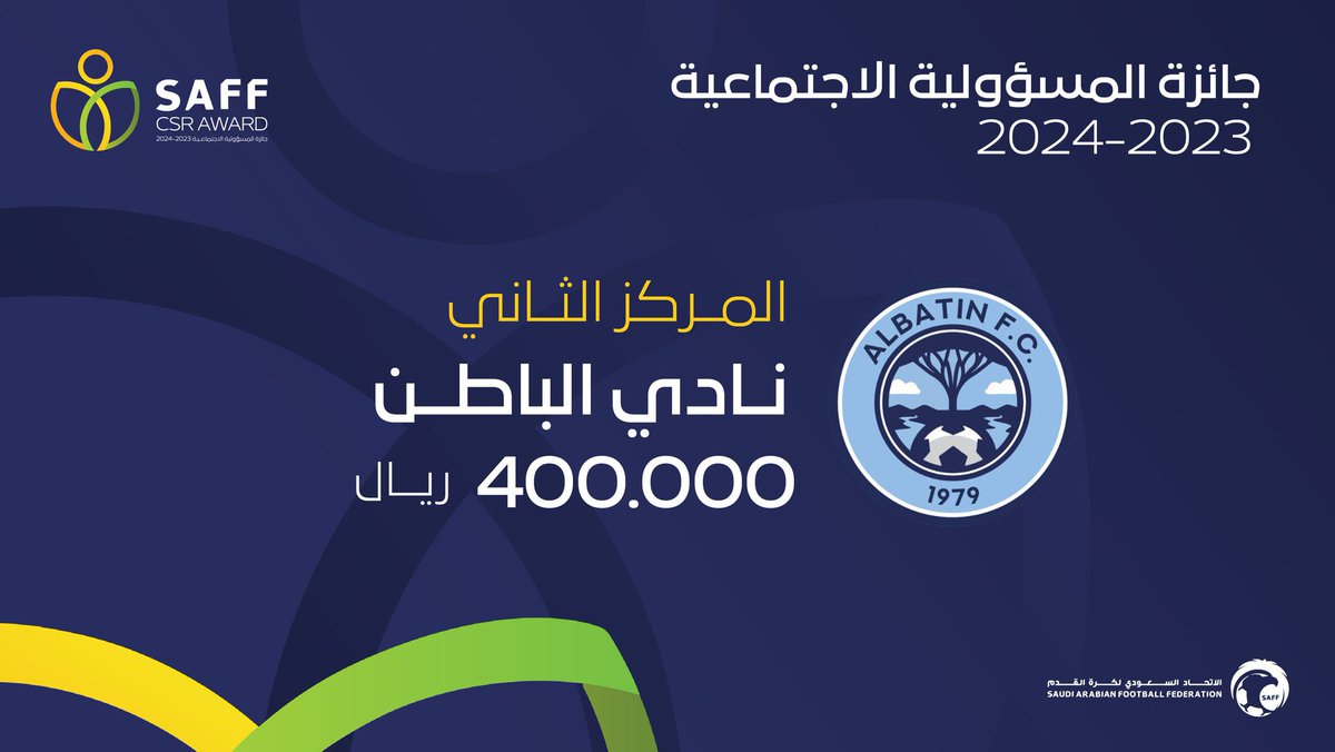 للسنة الثانية على التوالي .. 🥈
نادي #الباطن يحقق المركز الثاني في جائزة المسؤولية الاجتماعية للموسم الرياضي 2023-2024 🔝🤩
مبروووووك لنا جميعاً هذا الإنجاز 👏🏻
<a href="/saudiFF/">الاتحاد السعودي لكرة القدم</a> 

#جائزة_المسؤولية_الاجتماعية