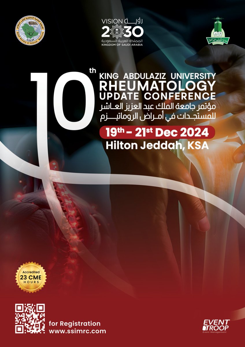 SSIM.KAU (@ssim_kau) on Twitter photo The 10th King Abdulaziz Rheumatology Update Conference
19-21 December 2024
23 CME
<a href="/DoctorsWorld_/">تجمع أطباء العالم</a> <a href="/studentdoctor/">Student Doctor Network</a> <a href="/doctorksa/">DoctorKSA Medical</a> <a href="/StudentsofKSAUH/">نادي الطلاب</a> <a href="/Jed_StudentClub/">نادي الطلاب - جـدة</a> <a href="/googlestudents/">Google Students</a> <a href="/letstalkmed/">Let's Talk Medicine</a> <a href="/KAUHospital/">الـمـسـتـشـفــى الـجـامـعــي</a> <a href="/IMC_kauh/">Internal Medicine Club</a> <a href="/DSFHospital/">مستشفى د. سليمان فقيه - جدة</a> <a href="/AlmanaHospitals/">Almana Hospitals مستشفيات المانع</a> The 10th King Abdulaziz Rheumatology Update Conference
19-21 December 2024
23 CME
<a href="/DoctorsWorld_/">تجمع أطباء العالم</a> <a href="/studentdoctor/">Student Doctor Network</a> <a href="/doctorksa/">DoctorKSA Medical</a> <a href="/StudentsofKSAUH/">نادي الطلاب</a> <a href="/Jed_StudentClub/">نادي الطلاب - جـدة</a> <a href="/googlestudents/">Google Students</a> <a href="/letstalkmed/">Let's Talk Medicine</a> <a href="/KAUHospital/">الـمـسـتـشـفــى الـجـامـعــي</a> <a href="/IMC_kauh/">Internal Medicine Club</a> <a href="/DSFHospital/">مستشفى د. سليمان فقيه - جدة</a> <a href="/AlmanaHospitals/">Almana Hospitals مستشفيات المانع</a>