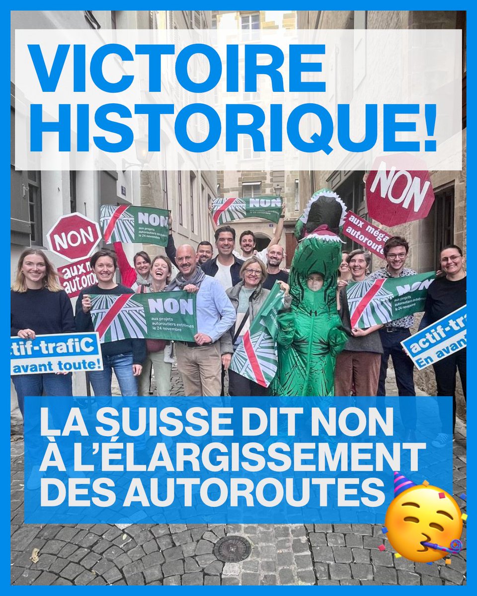 🥳🛣VICTOIRE HISTORIQUE CONTRE LES MÉGA-AUTOROUTES EN SUISSE! 
La population Suisse dit NON à l’extension des autoroutes: un tournant dans la politique des transports. Cette victoire est un succès du large mouvement qui s’est soulevé! Bravo et merci à toutes et tous!