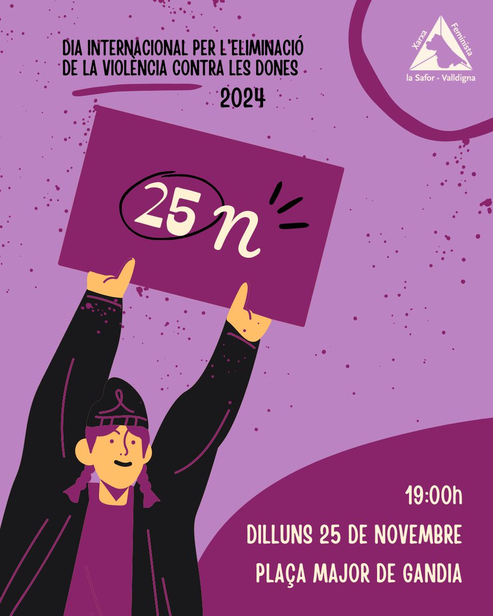 📅 Dilluns, 25/11
 🕖 19:00h
 📍 Plaça Major, Gandia

 Alça la teua veu contra la violència masclista. 💜✊
 #25N #Feminisme #XarxaFeminista