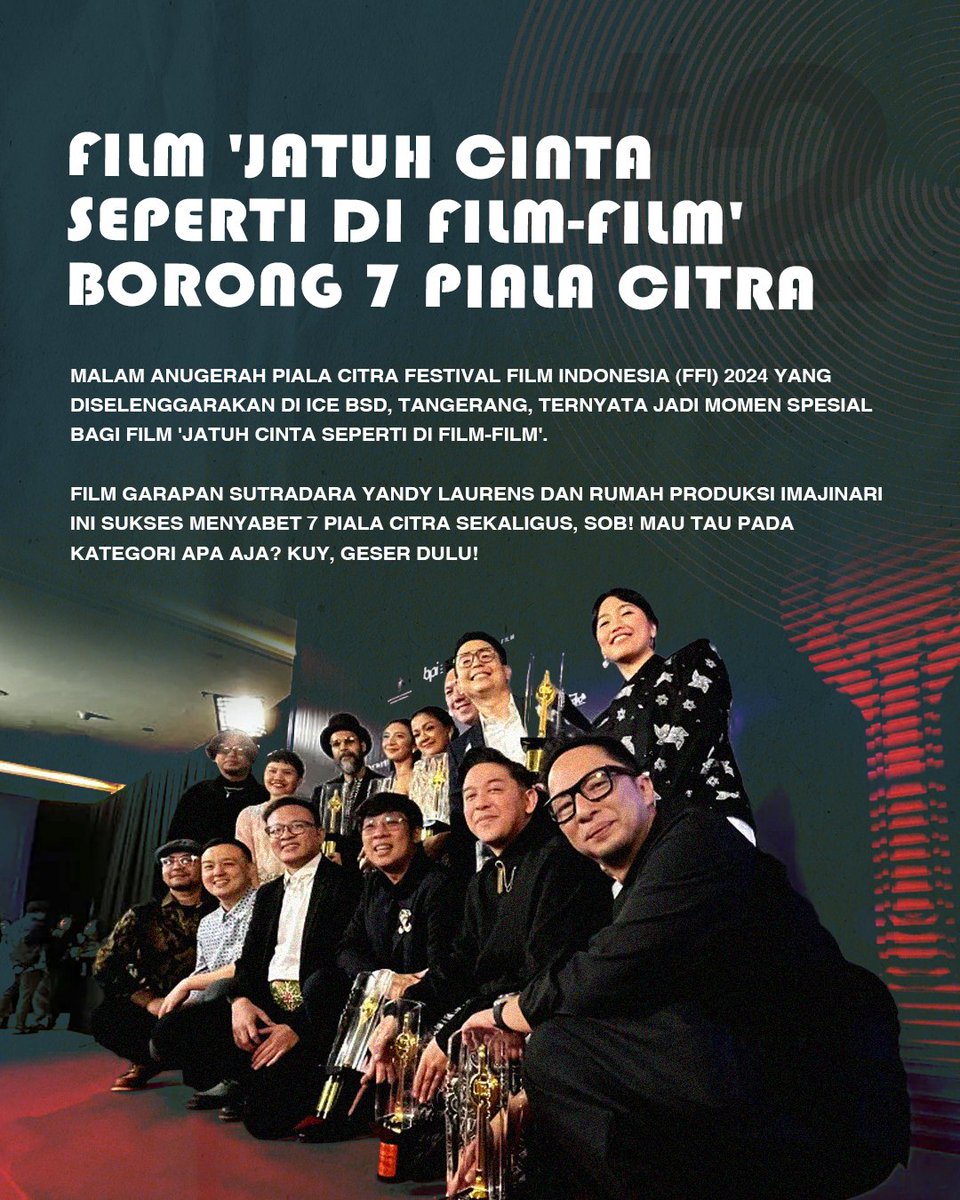 CreativebyID's tweet photo. Meledak! 💥 Film ‘Jatuh Cinta Seperti di Film-Film' sukses memborong 7 Piala Citra sekaligus di ajang Film Festival Indonesia 2024 🏆

Ide cerita Mas @yndLaurens emang gokil banget! Film dengan visual hitam-putih bisa dibuat sekeren ini 🎬 

#JatuhCintaSepertiDiFilmFilm #JCSDFF https://t.co/M1xoFTgKw9